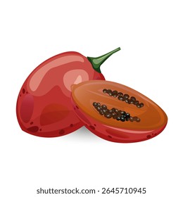 Tamarillo. Exotisch tropisch tomatenfruit. Voor foodblogs of receptenwebsites, verpakkingen, catalogi of educatieve posters, menu’s, printables en lesmateriaal.