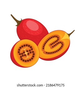 El diseño del conjunto Tamarillo con tomate de árbol de frutas tropicales aislado entero y cortado. Comida vegetal exótica en forma de vectores planos detallados para el envasado, los diseños y los elementos decorativos