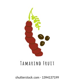 Tamarind fruit flat vector illustration. Cartoon slices of exotic, tropical fresh fruit. Clipart with typography. Isolated icon for healthy cooking menu, logo design element