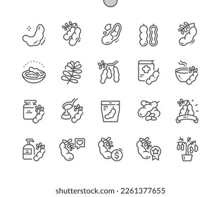 Tamarind fruit. Tropical exotic food. Tamarind chutney. Shop, supermarket. Menu for cafe. Pixel Perfect Vector Thin Line Icons. Simple Minimal Pictogram