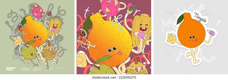 Tamarind, jackfruit, dragon fruit, tangelo, durian. Funny characters.  Set of vector illustrations. Doodle style. Painted, colorful fruit with outlining. Sticker, poster , background image for label.