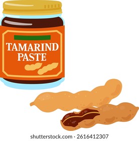 Tamarind paste in a bottle and tamarind fruits