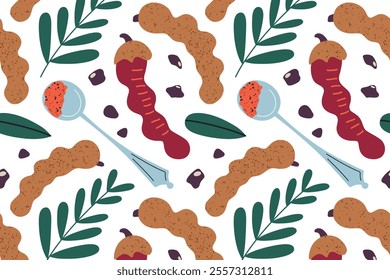 Tamarind spice pattern with leaves, pods, seeds, and powdered seasoning in spoon. Vector illustration in flat cartoon style, perfect for kitchen design, cooking, exotic culinary themes