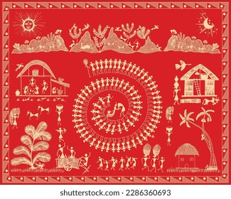 Tamatina Warli Art Painting-Celebration in Tribal Village. Tribal Painting for Wall. Tree Warli Painting, Wallpaper illustration, warli art, Vector.