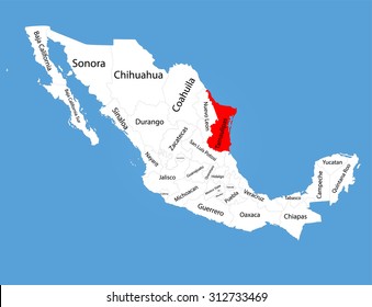 Tamaulipas, Mexico, vector map silhouette isolated on Mexico map. Editable blank vector map of Mexico. 