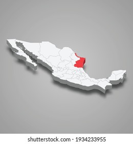 Tamaulipas region location within Mexico 3d isometric map