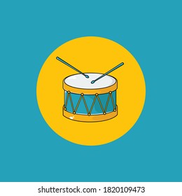 Tambor Snare Red drum and wooden drum sticks. Musical instrument, drum machine. Line art vector illustration