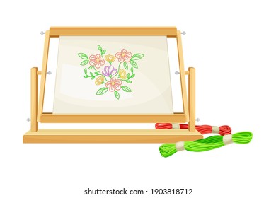 Tambour with Canvas and Embroidered Floral Pattern Vector Illustration