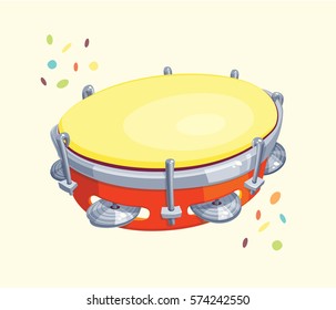 Tambourine with Confetti. Vector cartoon for carnival or music themes.