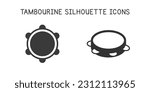 Tambourine flat web icon set. Tambourine logo design. Percussion instrument simple tambourine sign silhouette solid black icon vector design, top view, and angle view. Musical instruments concept