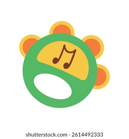 Tambourine green with note. Vector illustration of musical instrument in flat cartoon style, eps 10