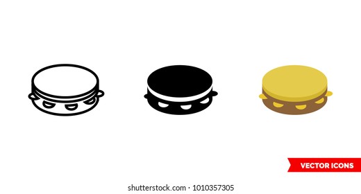 Tambourine icon of 3 types: color, black and white, outline. Isolated vector sign symbol.