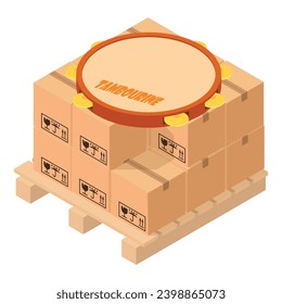 Tambourine icon isometric vector. Percussion music instrument on parcel box icon. Сargo transportation and delivery concept