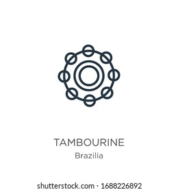 Tambourine icon. Thin linear tambourine outline icon isolated on white background from brazilia collection. Line vector sign, symbol for web and mobile