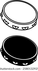 Tambourine Icons. Black and White Vector Icons. Percussion Musical Instrument, Drum. Brazilian Carnival Concept