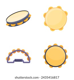 Tambourine icons set cartoon vector. Tambourine of different style and color. Percussion musical instrument