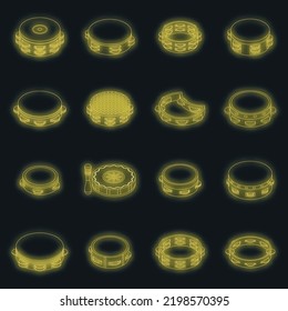 Tambourine icons set. Isometric set of tambourine vector icons neon color on black