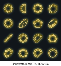Tambourine icons set. Outline set of tambourine vector icons neon color on black