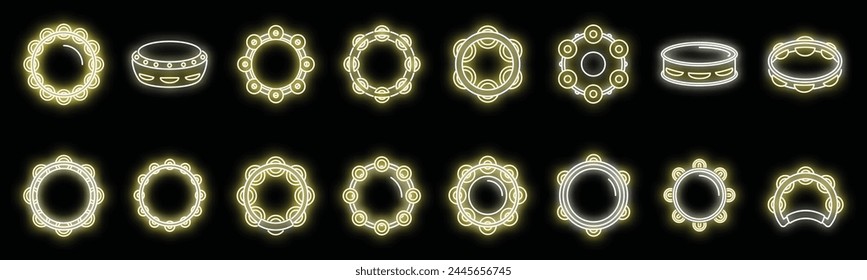 Tambourine icons set outline vector. Carnival samba. Music brazil neon color on black