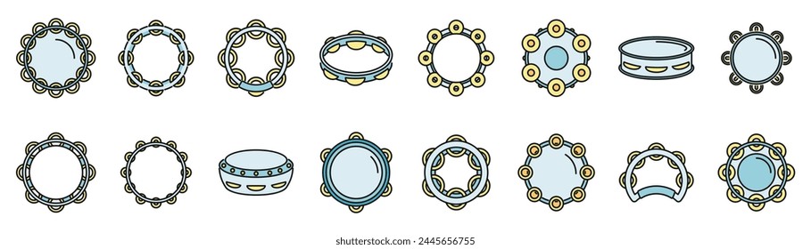 Tambourine icons set outline vector. Carnival samba. Music brazil thin line color flat on white