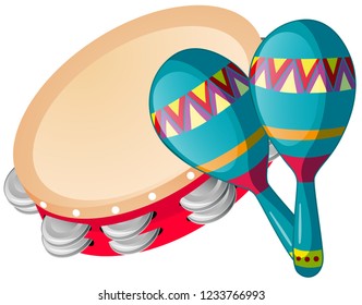 Tambourine and maracas on white background illustration