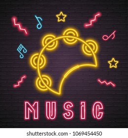 Tambourine Music Instrument Neon Light Glowing with Music Note Element Dark Background