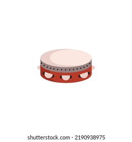 Tambourine percussion musical instrument, flat vector illustration isolated on white background. Wooden tambourine, folk music instrument.