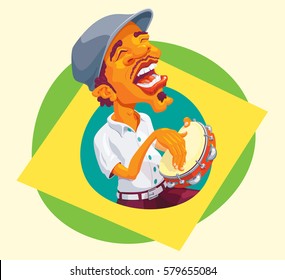 Tambourine player popping up of brazilian flag
Brazilian smart guy singing and playing samba in the tambourine