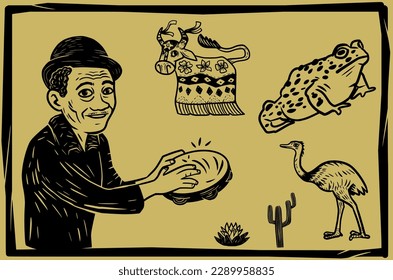 Tambourine player and various elements. bumbá ox, frog, rhea and cactus. Cordel literature woodcut style.