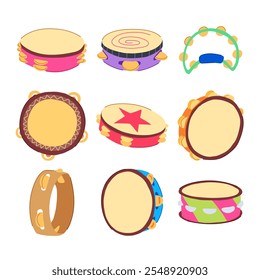 desenho animado conjunto pandeiro. vibrar jingle, bater som, mão tocar sinal pandeiro. símbolo isolado vetor ilustração
