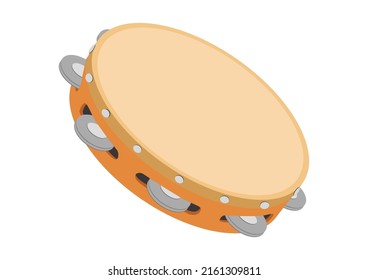 Tambourine vector design. Wooden tambourine flat style vector illustration isolated on white background. Tambourine clipart. Tambourine percussion family icon. Hand percussion,  