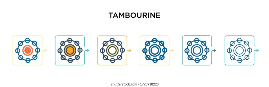 Tambourine vector icon in 6 different modern styles. Black, two colored tambourine icons designed in filled, outline, line and stroke style. Vector illustration can be used for web, mobile, ui