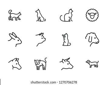 Tame animals line icon set. Set of line icons on white background. Beef, horse, cat. Household concept. Vector illustration can be used for topics like household, nature, farm