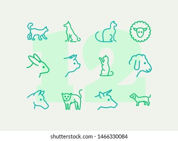 Tame animals line icon set. Set of line icons on white background. Beef, horse, cat. Vector illustration can be used for topics like household, nature, farm