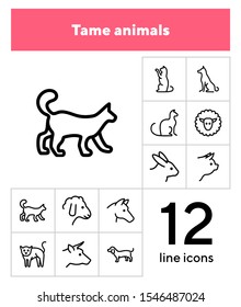 Tame animals line icon set. Set of line icons on white background. Beef, horse, cat. Household concept. Vector illustration can be used for topics like household, nature, farm