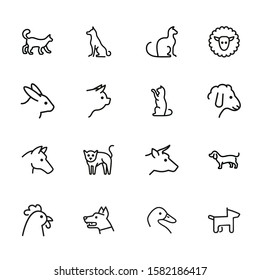 Tame animals line icon set. Set of line icons on white background. Beef, horse, cat. Household concept. Vector illustration can be used for topics like household, nature, farm