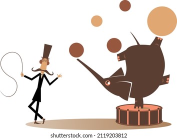 Tamer and elephant in the circus illustration. 
Cartoon tamer and cute elephant balances on the drum and juggles balls isolated on white background
