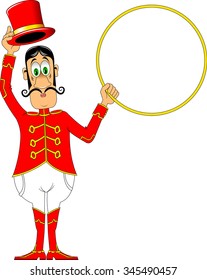 tamer in a red uniform and with a hoop at the circus