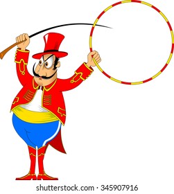 tamer in a red uniform and with a hoop at the circus
