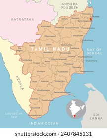 Tamil Nadu district map with neighbour state