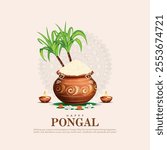 Tamil Nadu festival Happy Pongal with Pongal props, holiday Background, pongal celebration greeting card, vector illustration design.