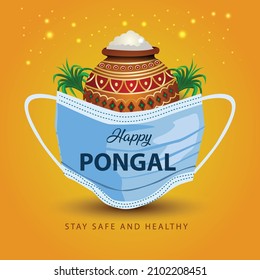 Tamil nadu festival happy Pongal rice pot and face mask. corona virus covid 19 concept. vector illustration design.