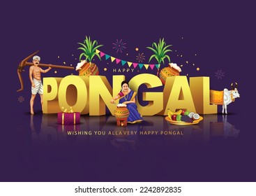 Tamil Nadu festival Happy Pongal with Pongal props, holiday Background, pongal celebration greeting card, vector illustration design.	