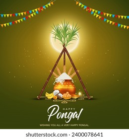 Tamil Nadu festival Happy Pongal with Pongal props, holiday Background, pongal celebration greeting card, vector illustration design.