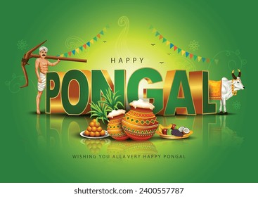 Tamil Nadu festival Happy Pongal with Pongal props, holiday Background, pongal celebration greeting card, vector illustration design.	