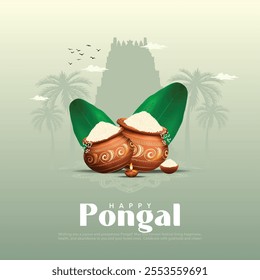 Tamil Nadu festival Happy Pongal with Pongal props, holiday Background, pongal celebration greeting card, vector illustration design.