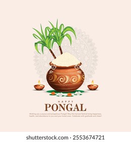 Tamil Nadu festival Happy Pongal with Pongal props, holiday Background, pongal celebration greeting card, vector illustration design.