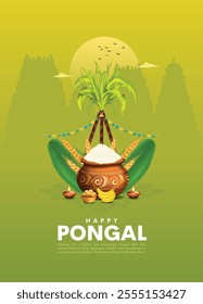 Tamil Nadu festival Happy Pongal with Pongal props, holiday Background, pongal celebration greeting card, vector illustration design.