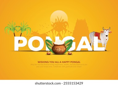 Tamil Nadu festival Happy Pongal with Pongal props, holiday Background, pongal celebration greeting card, vector illustration design.