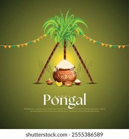 Tamil Nadu festival Happy Pongal with Pongal props, holiday Background, pongal celebration greeting card, vector illustration design.